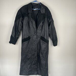 Winlet Vtg Black Genuine Leather Suede Long Trench Jacket Coat